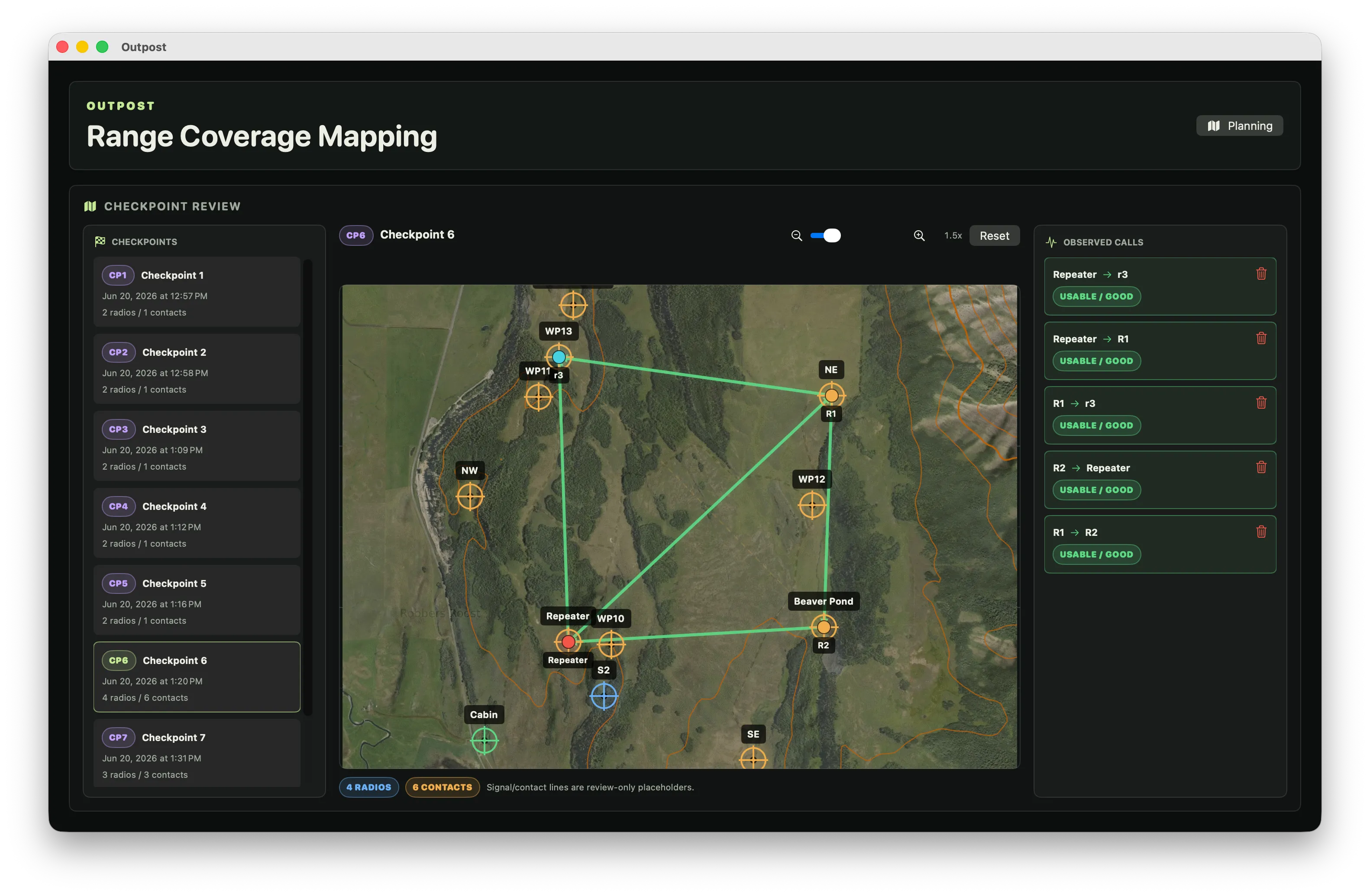 Outpost execution layer showing Checkpoint 6, radio contact lines on the map, and observed-call signal ratings.