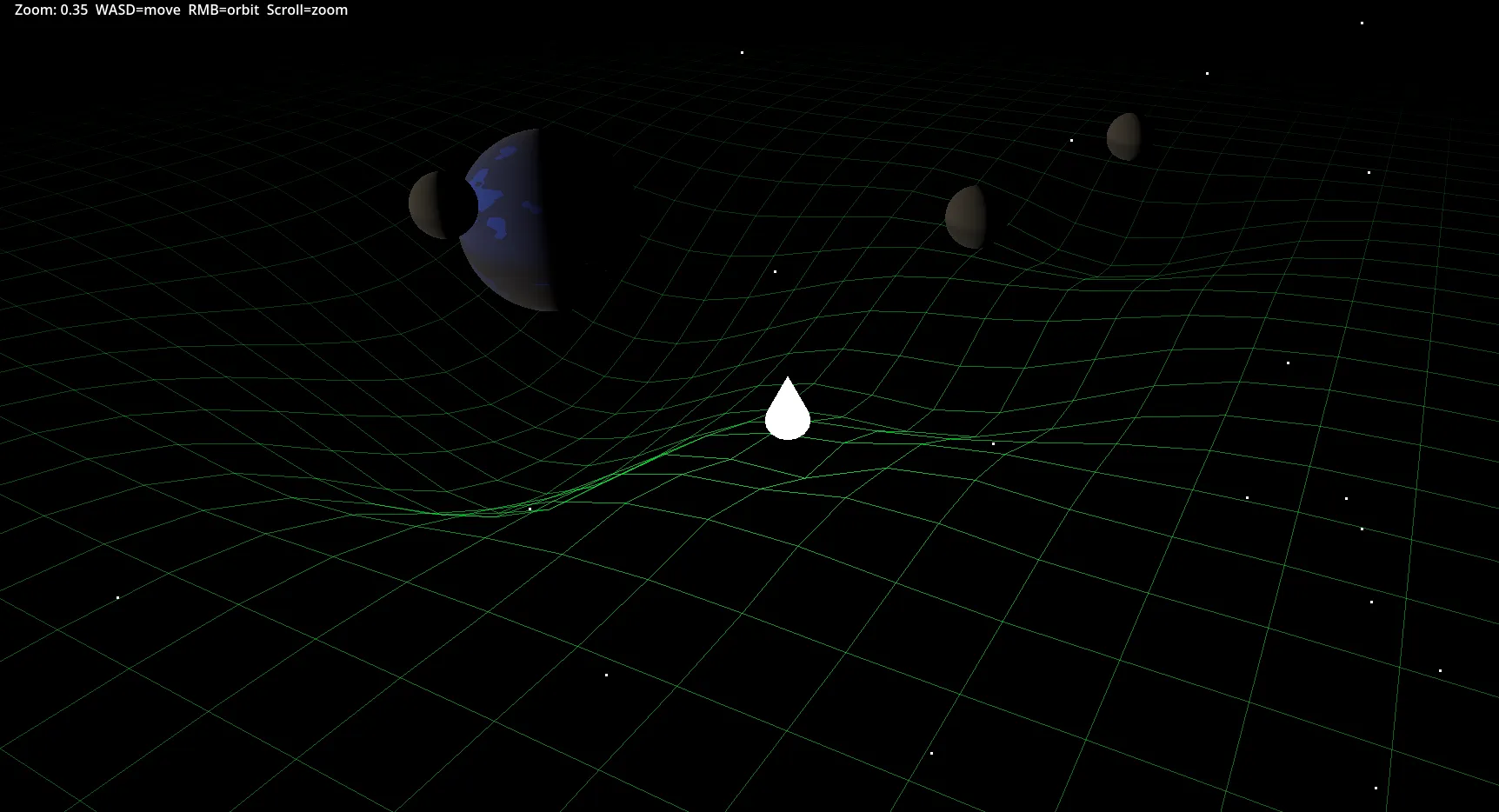 Salve Regina open-world prototype with celestial masses deforming a green gravity grid and a white player marker.