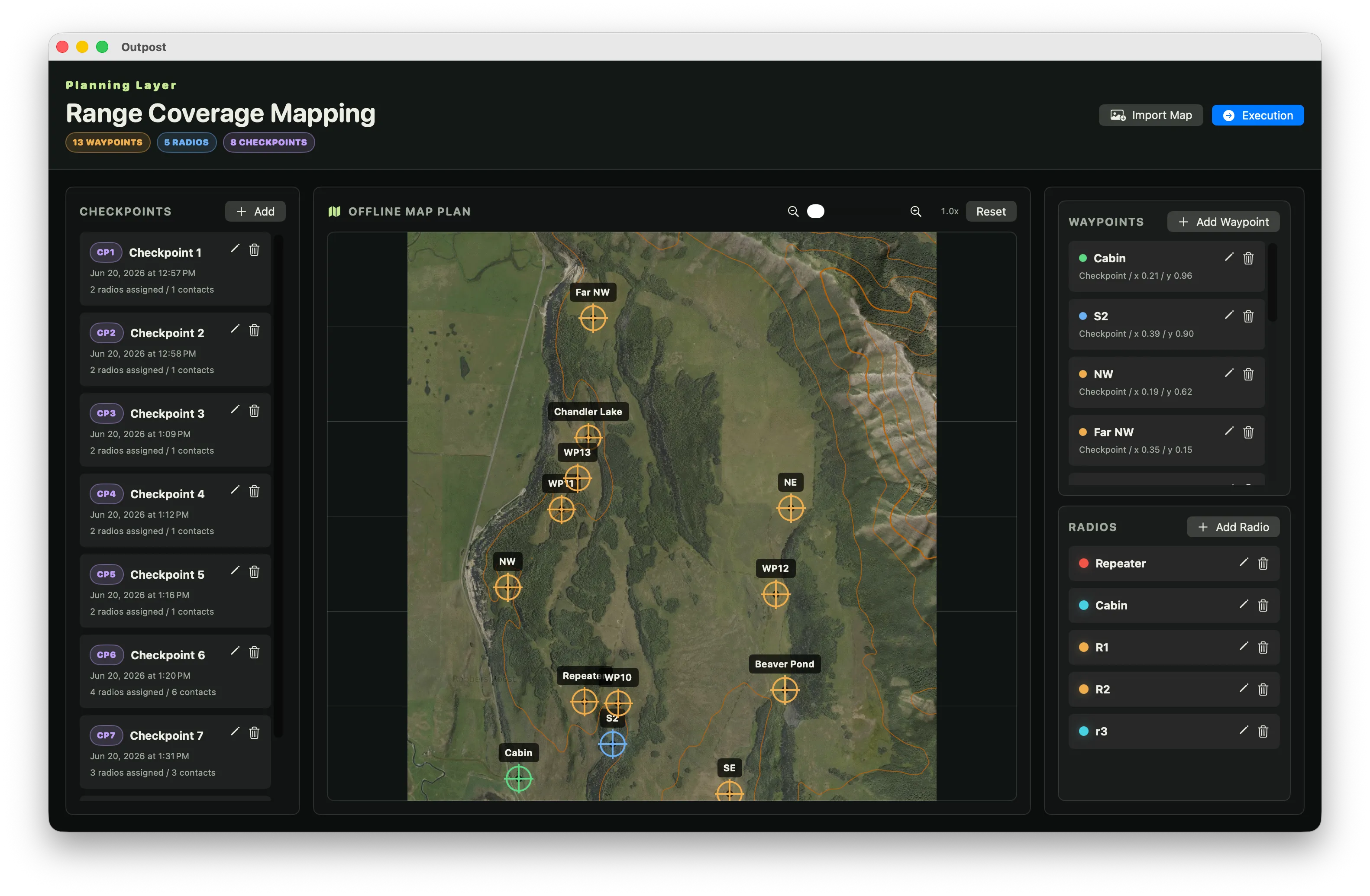 Outpost planning layer with map waypoints, checkpoint list, and radio assignments.