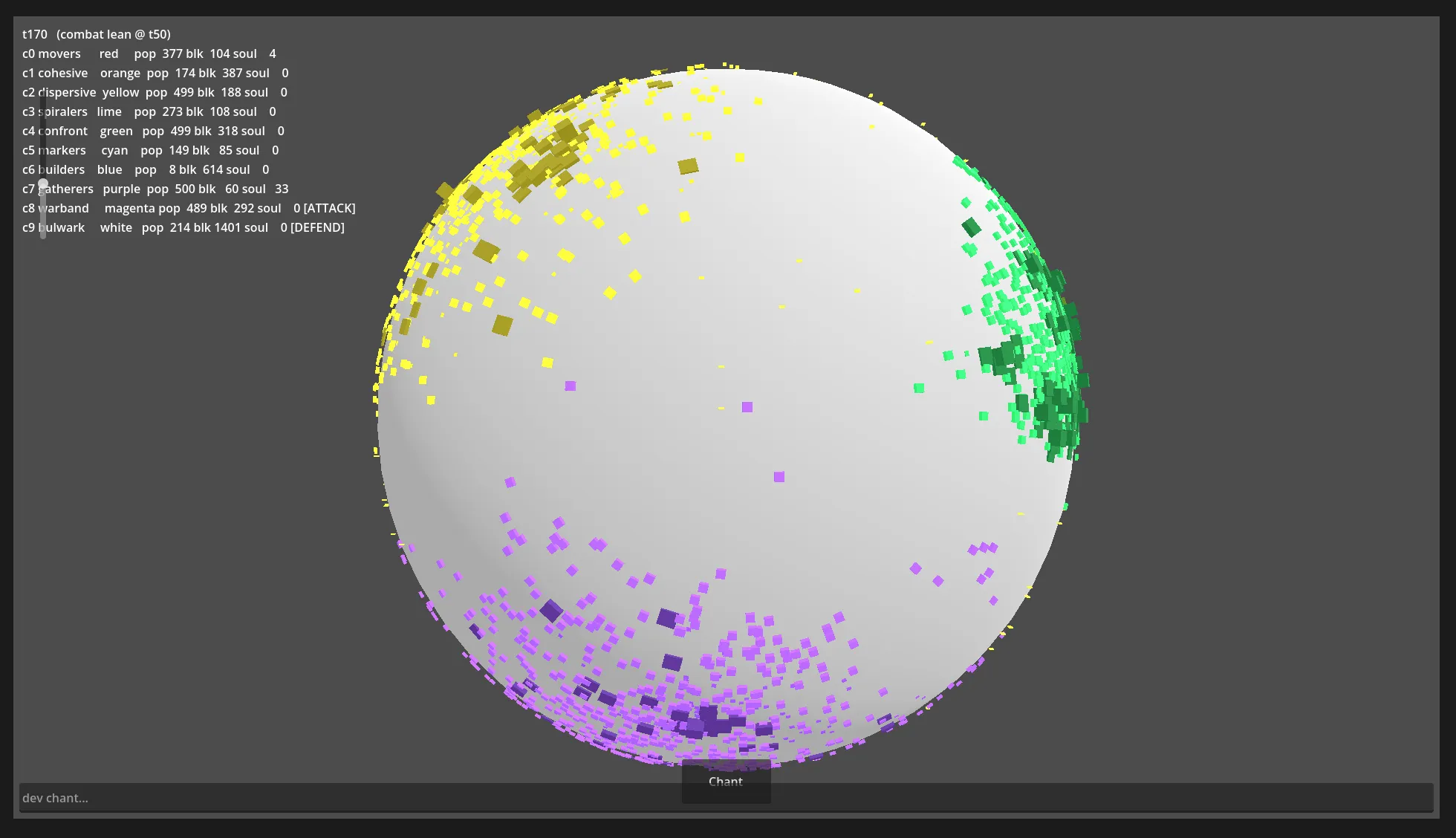 Noema prototype showing several colored colonies spread across a white spherical world.
