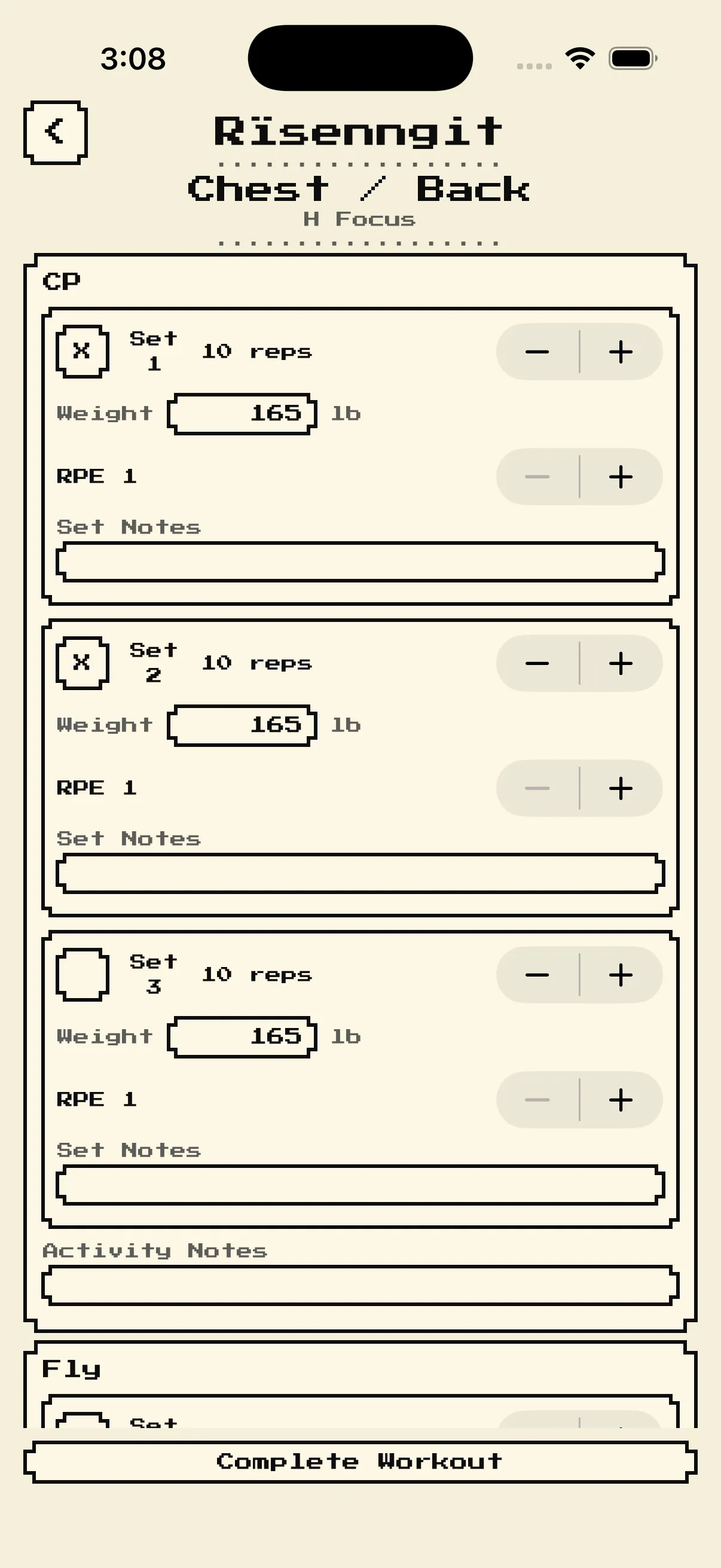 Daily Session logging screen with reps, weight, RPE, set notes, and completion controls.