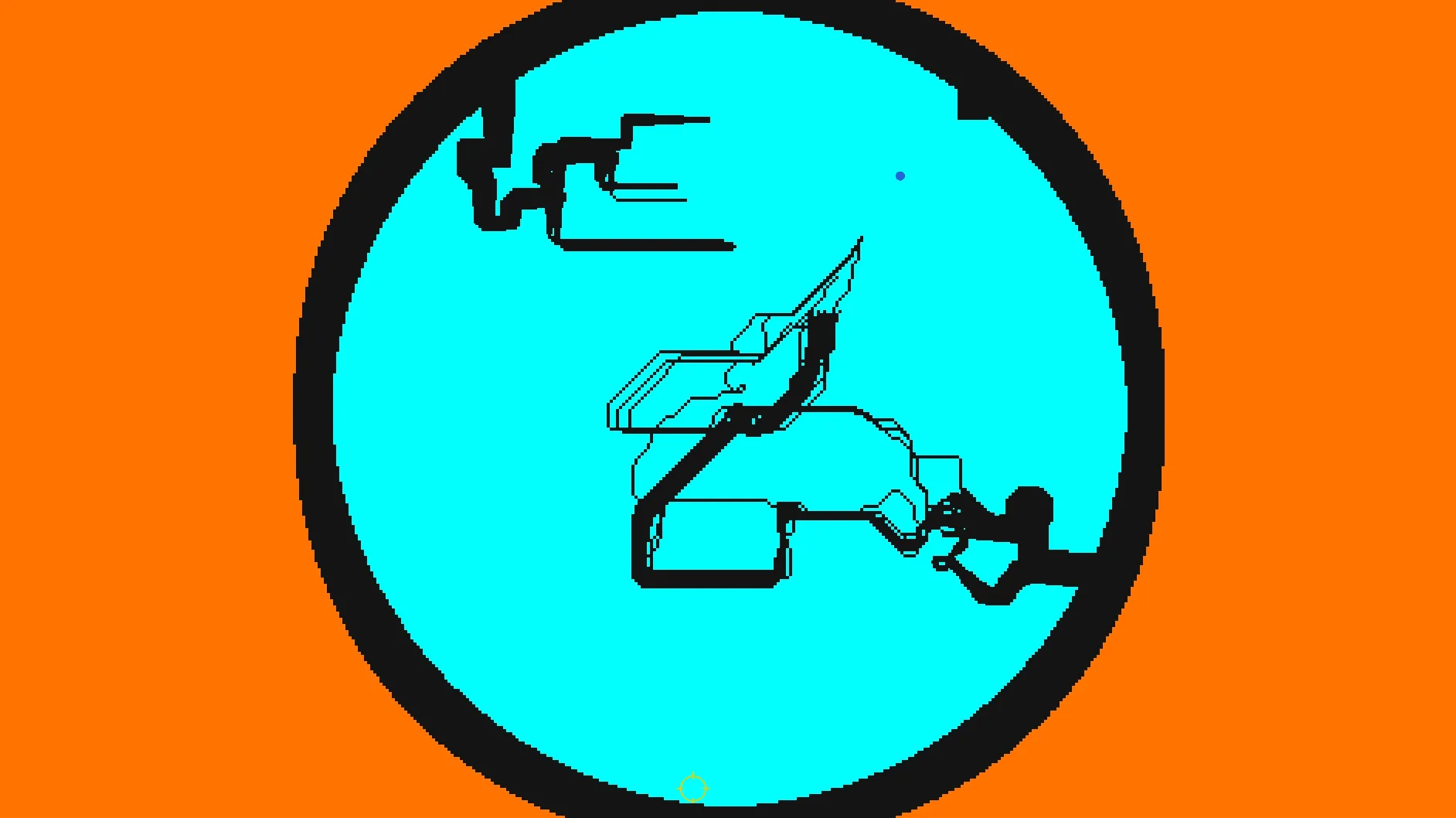 SHMUP development scene with black thorn-like shapes inside a cyan circular arena surrounded by orange.